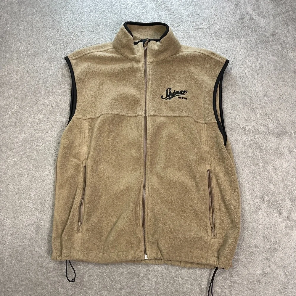 Chestnut Hill Shiner Beers Fleece Vest Sleeveless Zip Pockets Tan Black‎ Trim